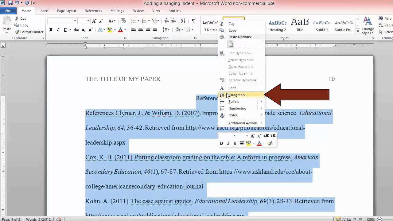 How to make hanging indent in word